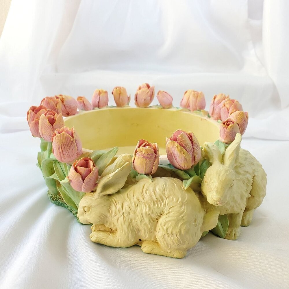 VTG Decorative Easter Rabbit & Tulip Design Bowl Spring Time Planter Candy Dish - Picture 2 of 16